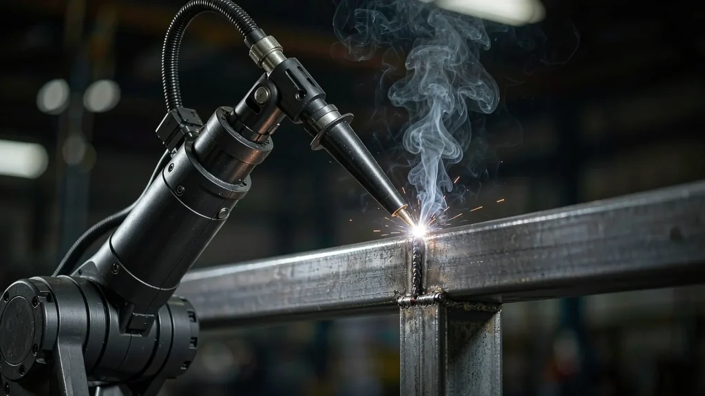 Robotic welding cell with extraction hood above the fixture and an operator at the cell door